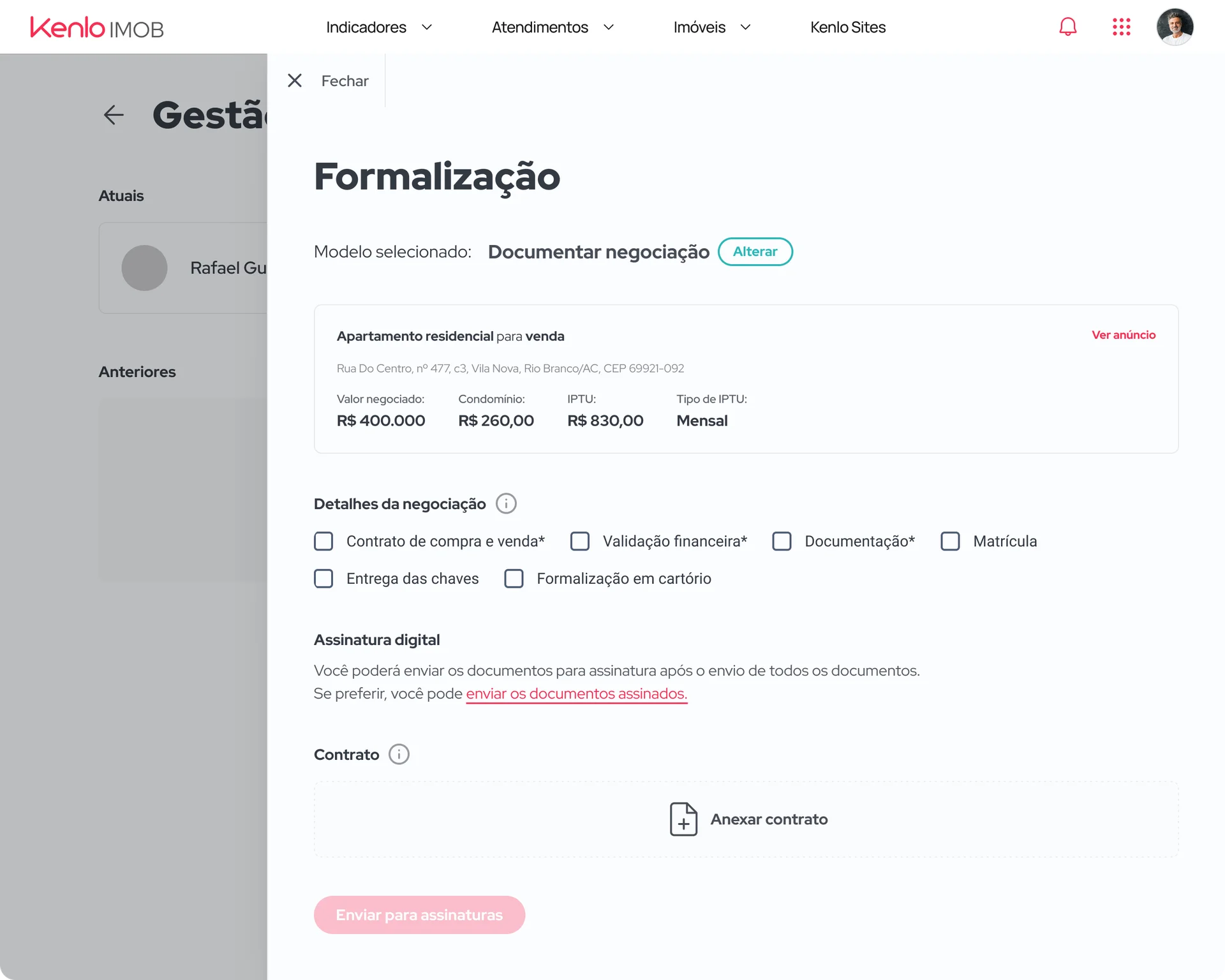 Tela anterior de formalização de contratos