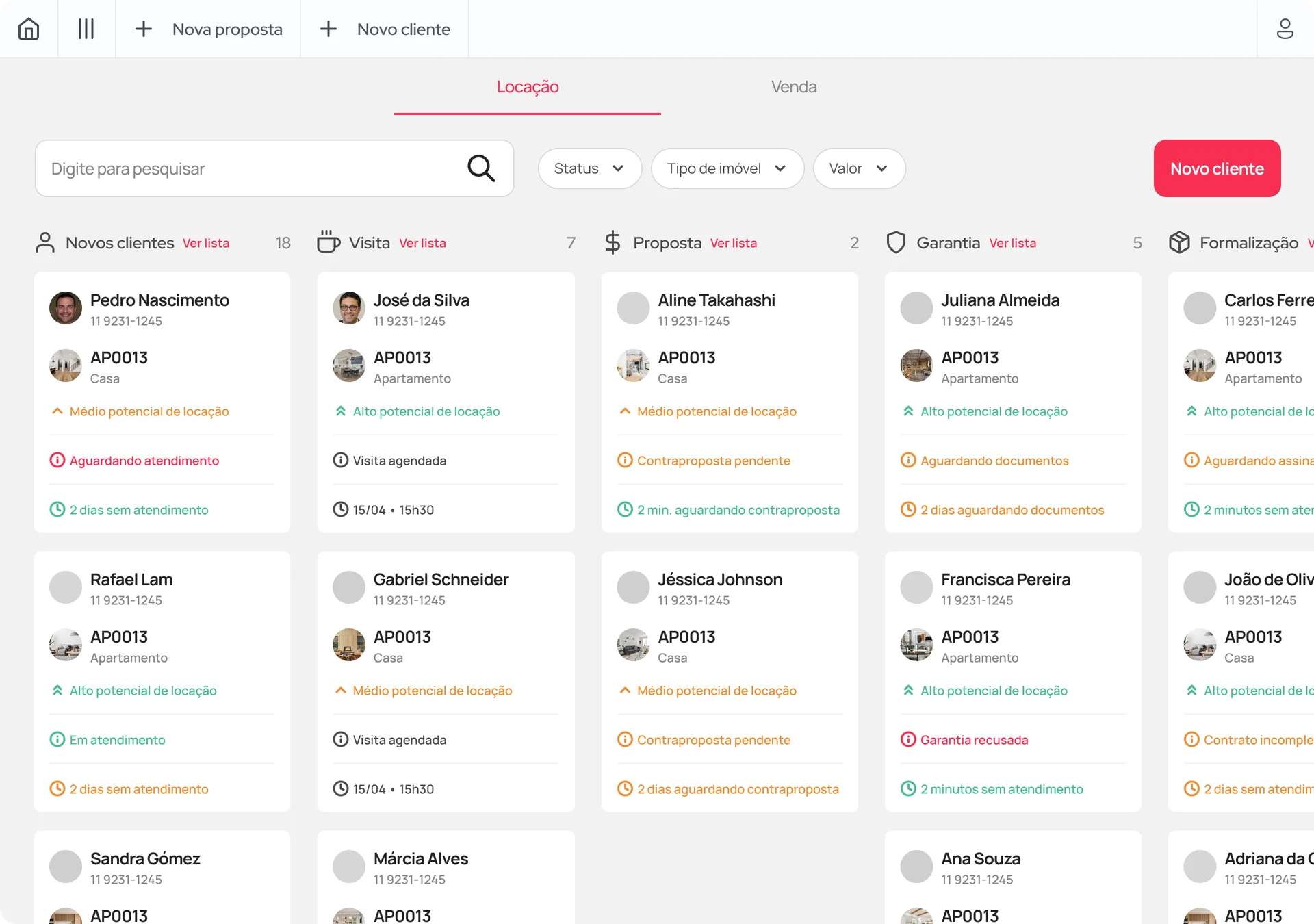 Tela anterior do funil de atendimentos onde cada card é um imóvel