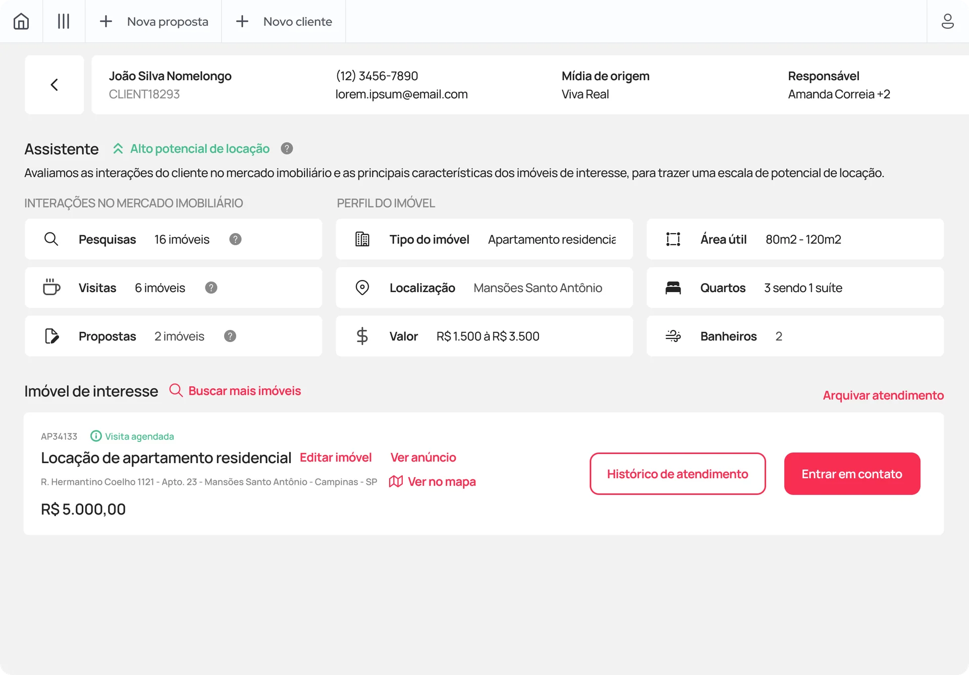 Tela anterior do atendimento com apenas um imóvel de interesse