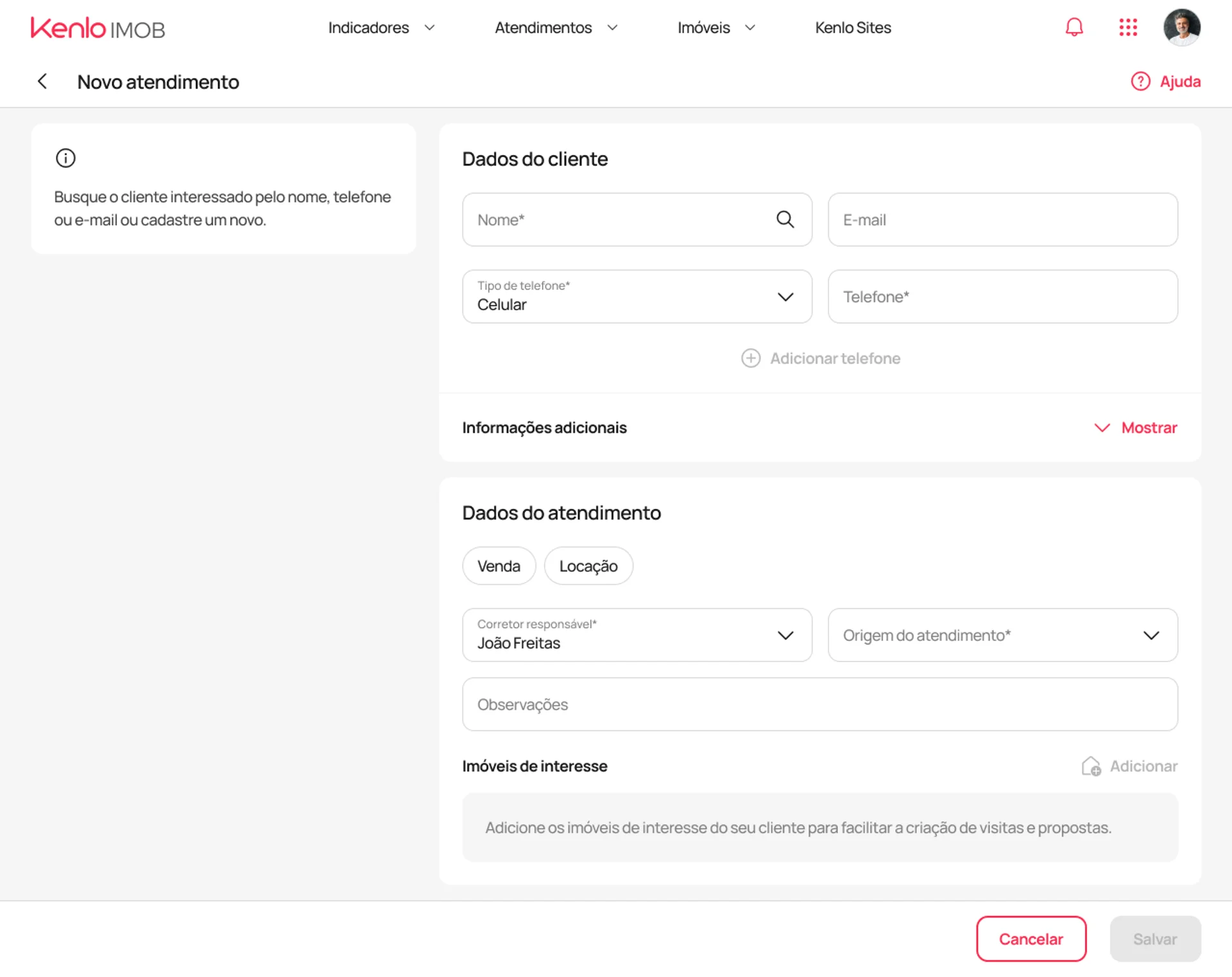 Tela de cadastro de novos atendimentos
